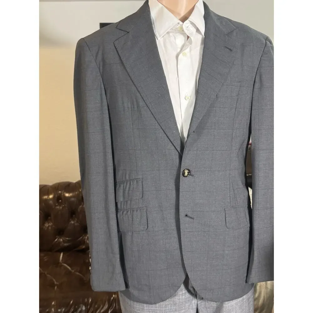 Brunello Cucinelli Charcoal Windowpane Virgin Wool Deconstructed Blazer 50 40R